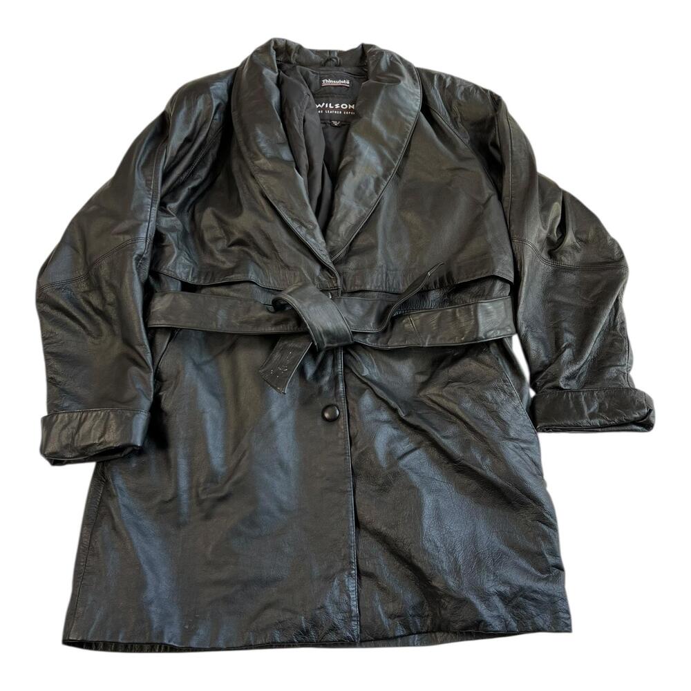VTG Wilsons Leather Coat Women's Medium Black Belted Trench 3M Thinsulate Lined